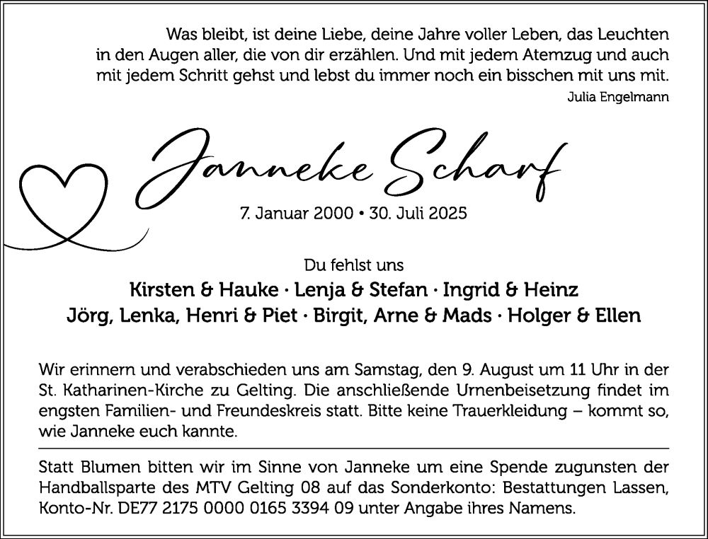  Traueranzeige für Janneke Scharf vom 06.08.2025 aus Flensburger Tageblatt, Schleswiger Nachrichten, Schlei-Bote