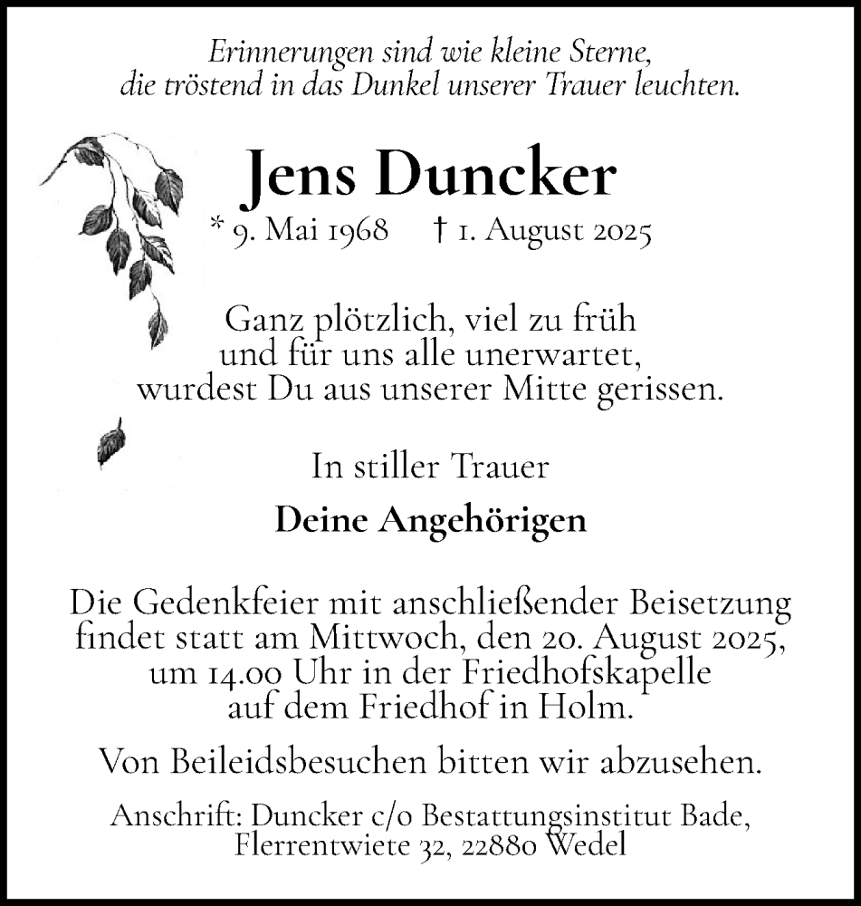  Traueranzeige für Jens Duncker vom 16.08.2025 aus Wedel-Schulauer Tageblatt, tip Wedel-Schulauer Tageblatt, tip Rissener Rundschau