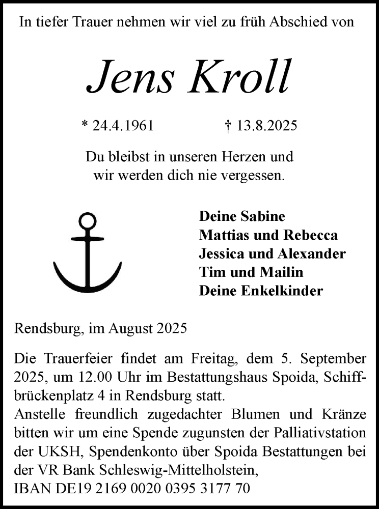  Traueranzeige für Jens Kroll vom 23.08.2025 aus Schleswig-Holsteinische Landeszeitung