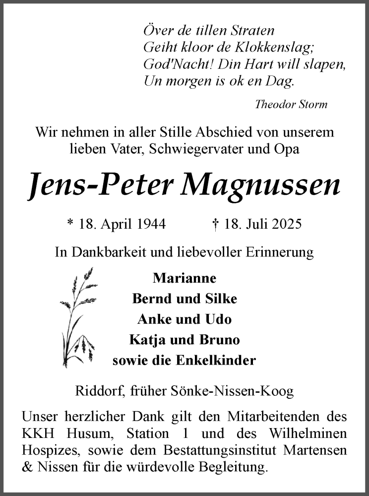  Traueranzeige für Jens-Peter Magnussen vom 16.08.2025 aus Husumer Nachrichten, Nordfriesland Tageblatt