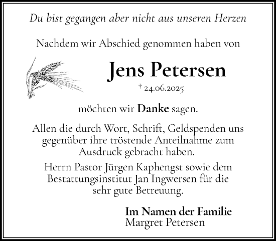 Traueranzeige von Jens Petersen von Husumer Nachrichten, Nordfriesland Tageblatt