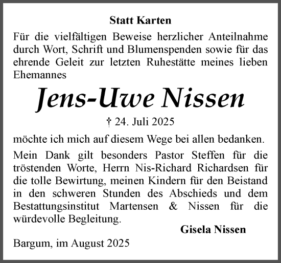 Traueranzeige von Jens-Uwe Nissen von Husumer Nachrichten, Nordfriesland Tageblatt