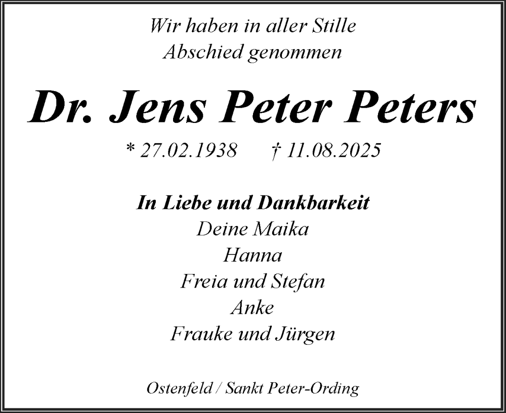  Traueranzeige für Jens Peter Peters vom 30.08.2025 aus Schleswig-Holsteinische Landeszeitung