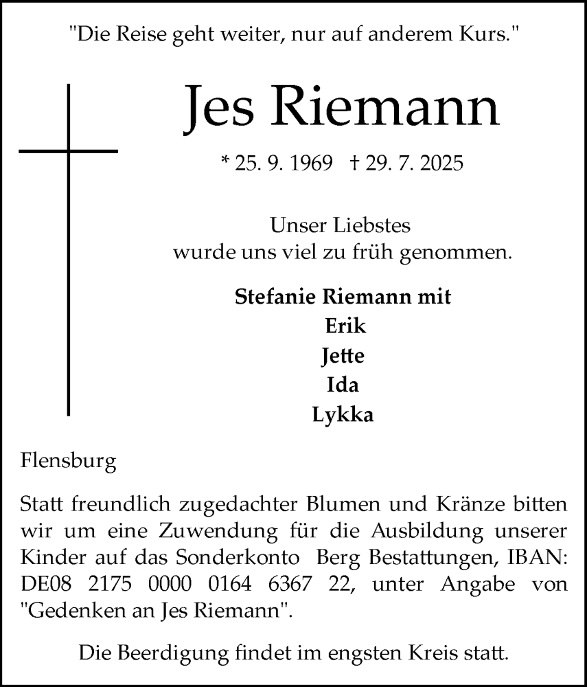  Traueranzeige für Jes Riemann vom 02.08.2025 aus Flensburger Tageblatt