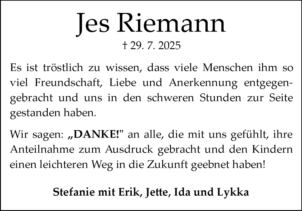  Traueranzeige für Jes Riemann vom 30.08.2025 aus Flensburger Tageblatt