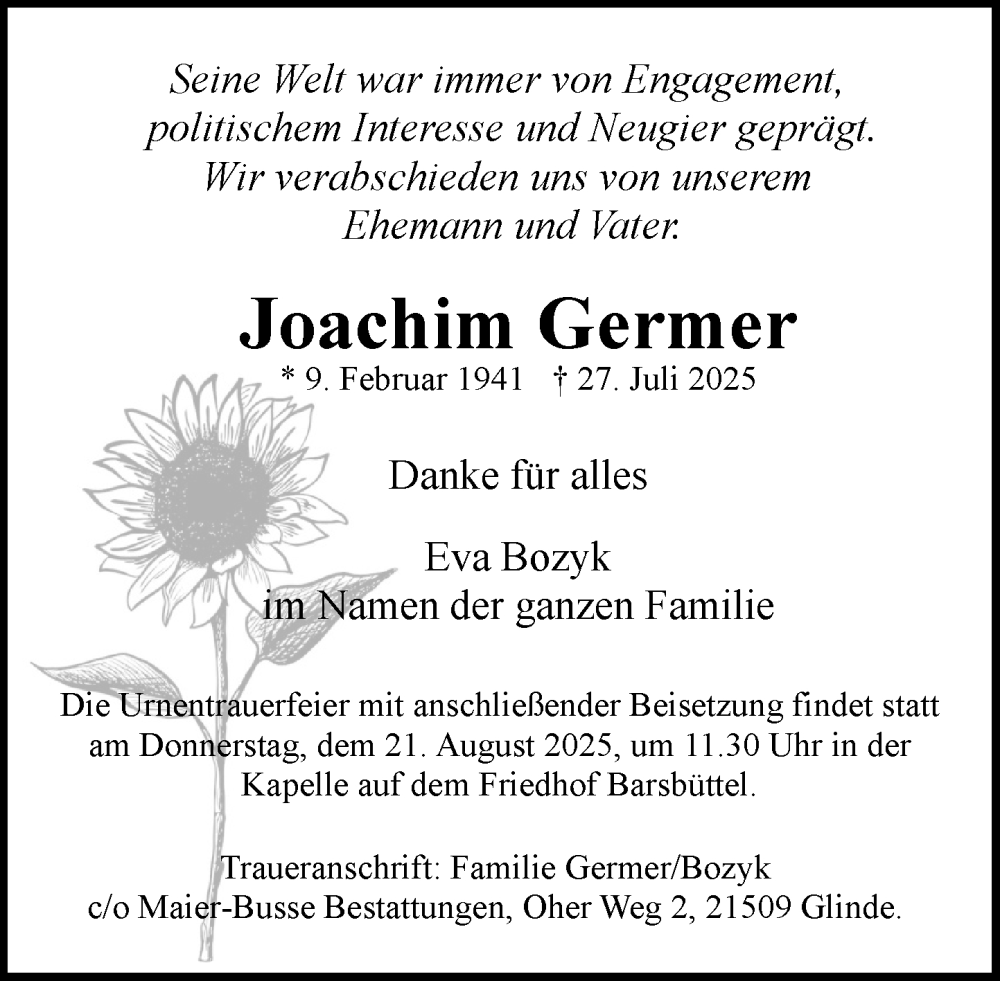  Traueranzeige für Joachim Germer vom 09.08.2025 aus MARKT Glinde/Reinbek