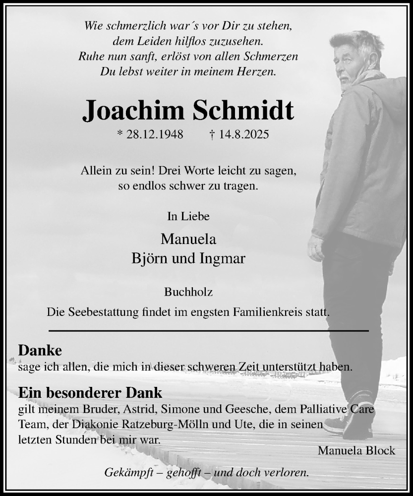  Traueranzeige für Joachim Schmidt vom 23.08.2025 aus MARKT Ratzeburg/Mölln