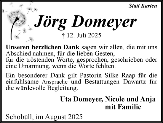 Traueranzeige von Jörg Domeyer von Husumer Nachrichten, Nordfriesland Tageblatt