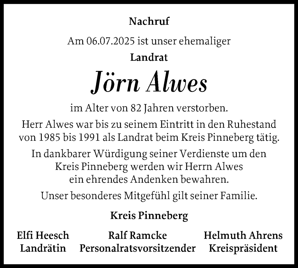  Traueranzeige für Jörn Alwes vom 02.08.2025 aus A. Beig Gesamtausgabe