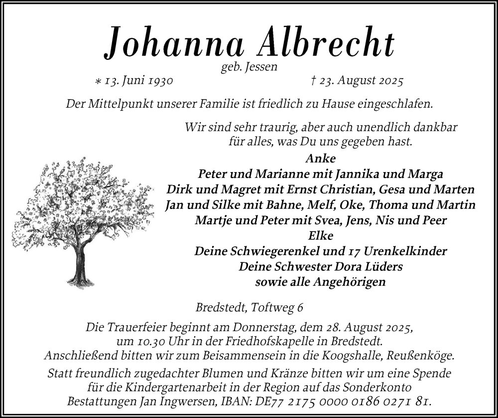  Traueranzeige für Johanna Albrecht vom 26.08.2025 aus Husumer Nachrichten, Nordfriesland Tageblatt