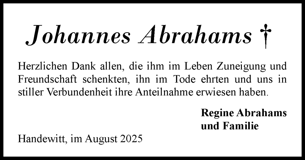  Traueranzeige für Johannes Abrahams vom 16.08.2025 aus Flensburger Tageblatt, Schleswiger Nachrichten, Schlei-Bote