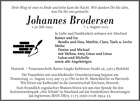 Traueranzeige von Johannes Brodersen von Husumer Nachrichten, Nordfriesland Tageblatt