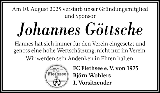 Traueranzeige von Johannes Göttsche von Norddeutsche Rundschau, Wilstersche Zeitung, Glückstädter Fortuna