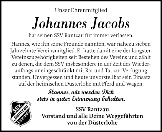 Traueranzeige von Johannes Jacobs von Elmshorner Nachrichten, Barmstedter Zeitung
