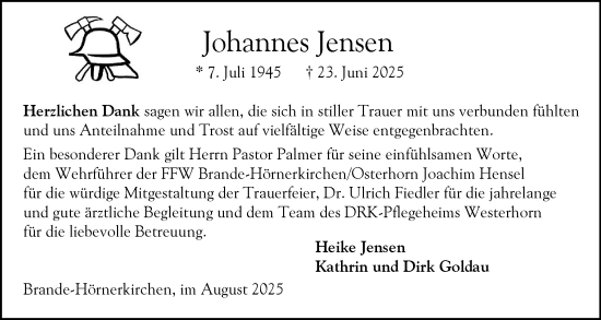 Traueranzeige von Johannes Jensen von Elmshorner Nachrichten, Barmstedter Zeitung