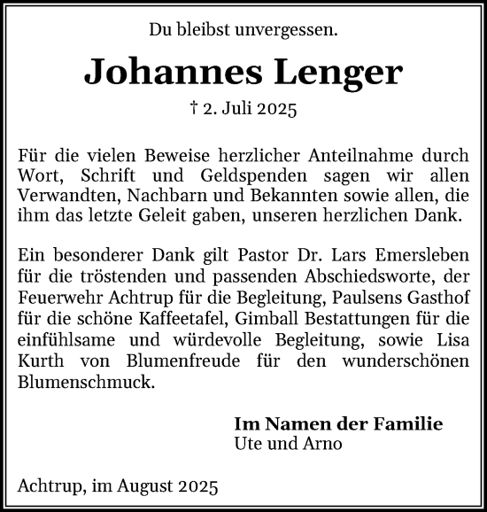 Traueranzeige von Johannes Lenger von Husumer Nachrichten, Nordfriesland Tageblatt