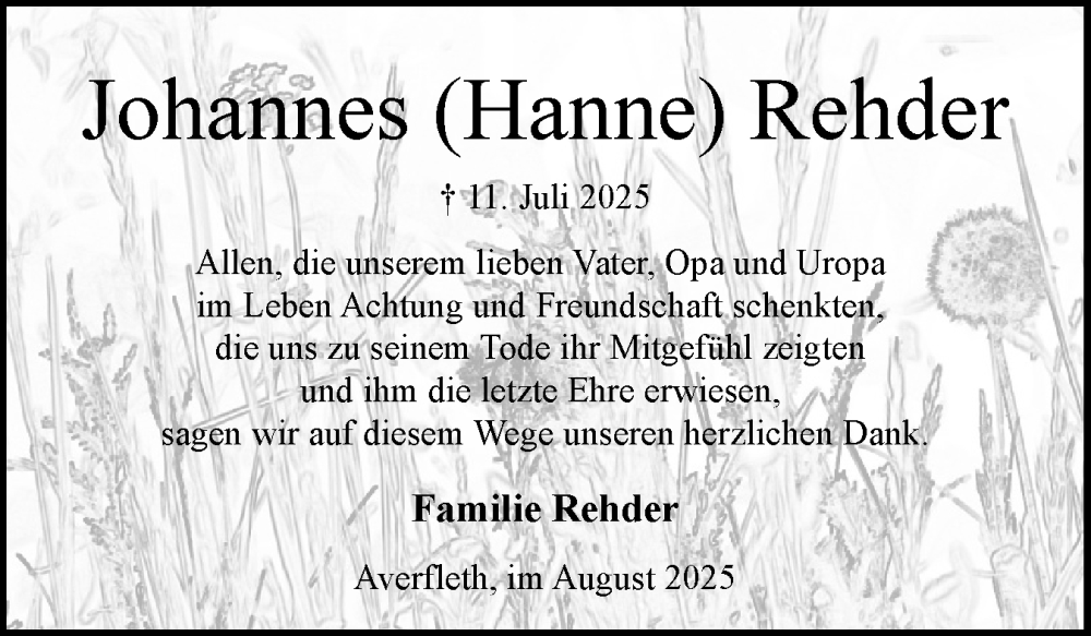  Traueranzeige für Johannes Rehder vom 16.08.2025 aus Norddeutsche Rundschau, Wilstersche Zeitung, Glückstädter Fortuna