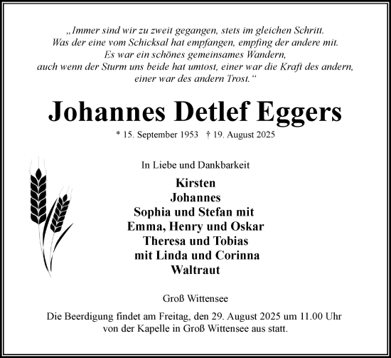 Traueranzeige von Johannes Detlef Eggers von Eckernförder Zeitung, Hallo Eckernförde