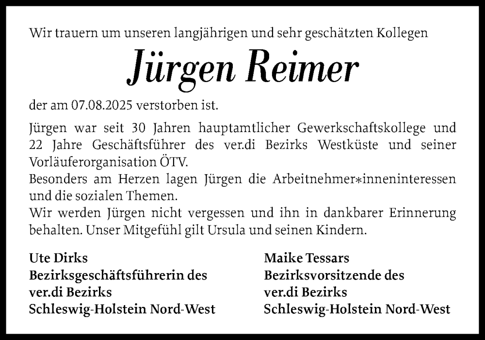  Traueranzeige für Jürgen Reimer vom 22.08.2025 aus Husumer Nachrichten, Nordfriesland Tageblatt