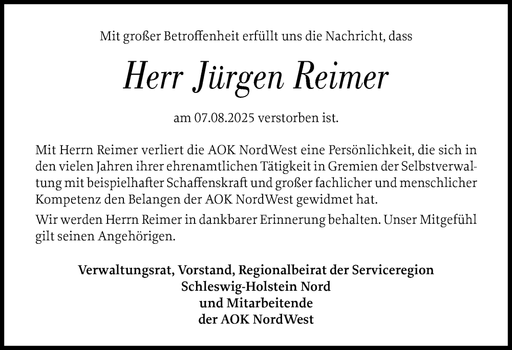  Traueranzeige für Jürgen Reimer vom 15.08.2025 aus Region Flensburg