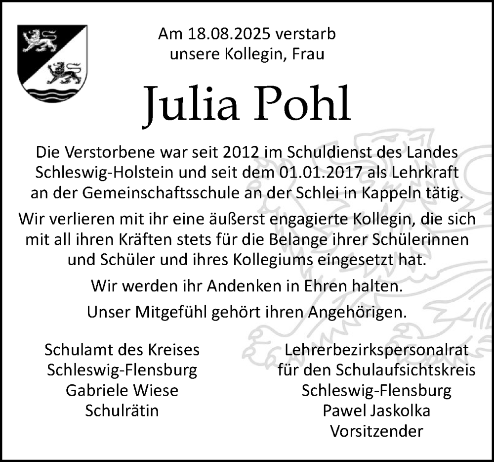  Traueranzeige für Julia Pohl vom 27.08.2025 aus Schleswiger Nachrichten, Schlei-Bote