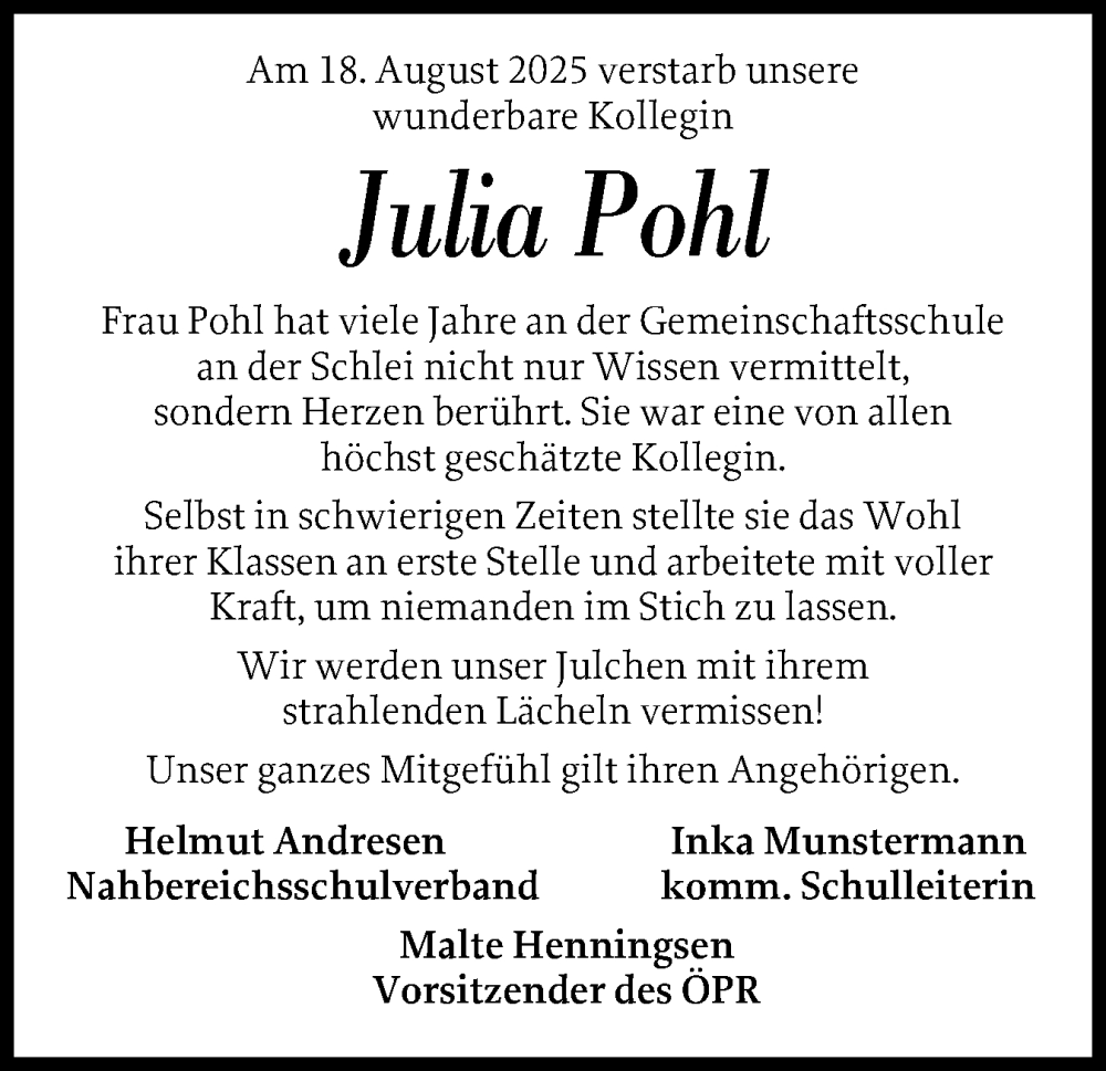  Traueranzeige für Julia Pohl vom 25.08.2025 aus Schleswiger Nachrichten, Schlei-Bote