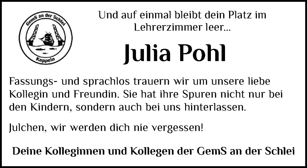  Traueranzeige für Julia Pohl vom 26.08.2025 aus Schleswiger Nachrichten, Schlei-Bote, Eckernförder Zeitung