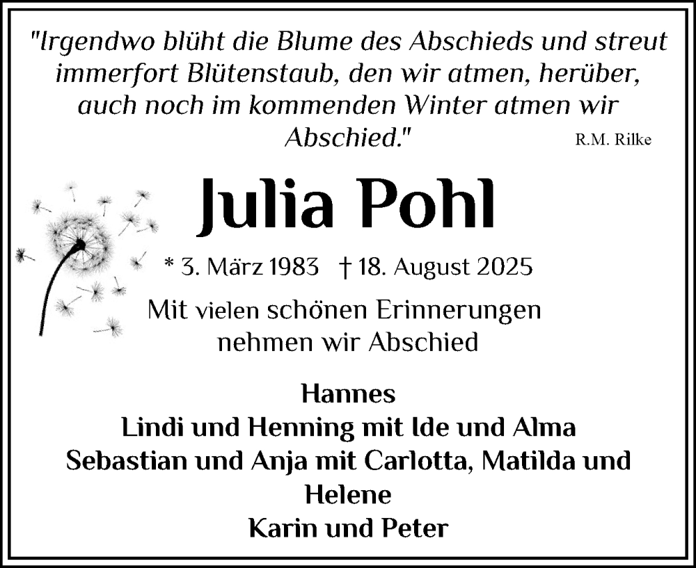  Traueranzeige für Julia Pohl vom 30.08.2025 aus Eckernförder Zeitung, Hallo Eckernförde