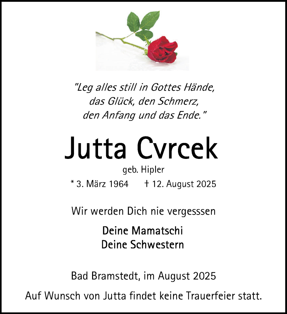  Traueranzeige für Jutta Cvrcek vom 23.08.2025 aus Umschau