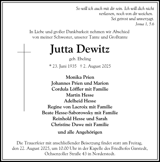 Traueranzeige von Jutta Dewitz von Heimatspiegel