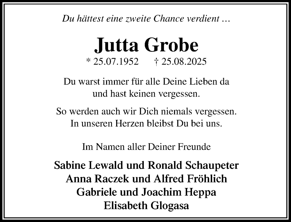  Traueranzeige für Jutta Grobe vom 30.08.2025 aus Wochenend Anzeiger