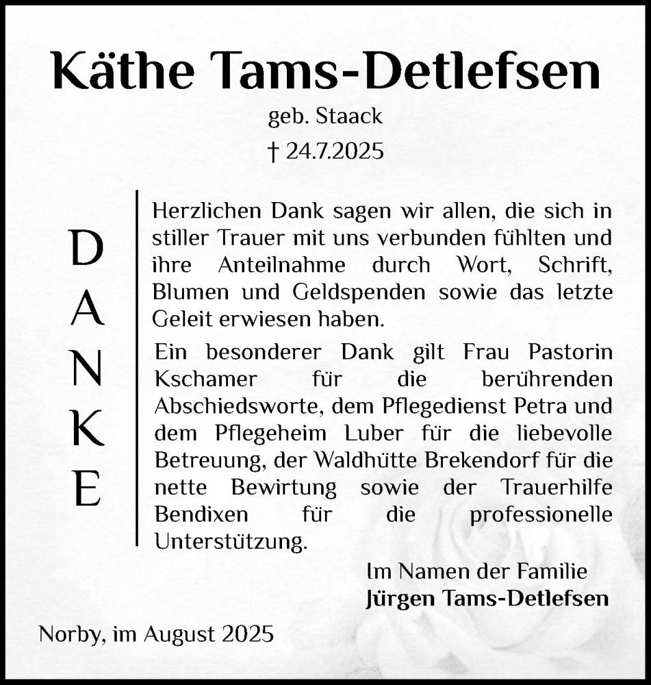  Traueranzeige für Käthe Tams-Detlefsen vom 16.08.2025 aus Schleswig-Holsteinische Landeszeitung