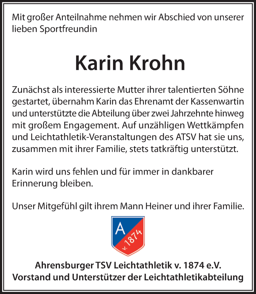  Traueranzeige für Karin Krohn vom 23.08.2025 aus MARKT Ahrensburg/Bargteheide/Trittau und Stormarner Tageblatt