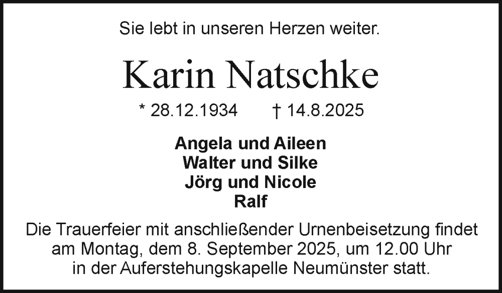  Traueranzeige für Karin Natschke vom 30.08.2025 aus Holsteinischer Courier
