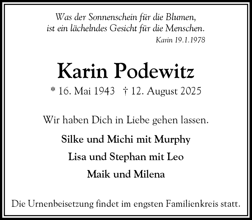  Traueranzeige für Karin Podewitz vom 23.08.2025 aus Heimatspiegel