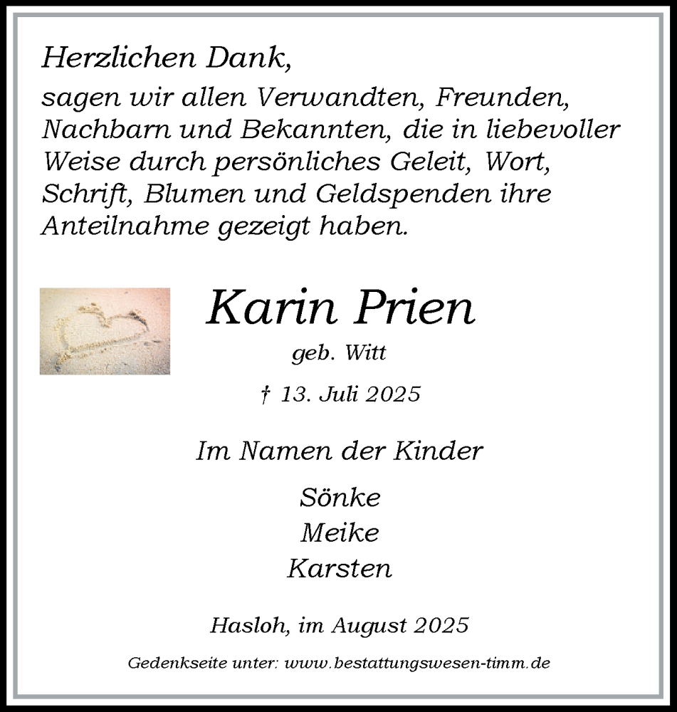  Traueranzeige für Karin Prien vom 30.08.2025 aus Region Pinneberg und tip Pinneberg
