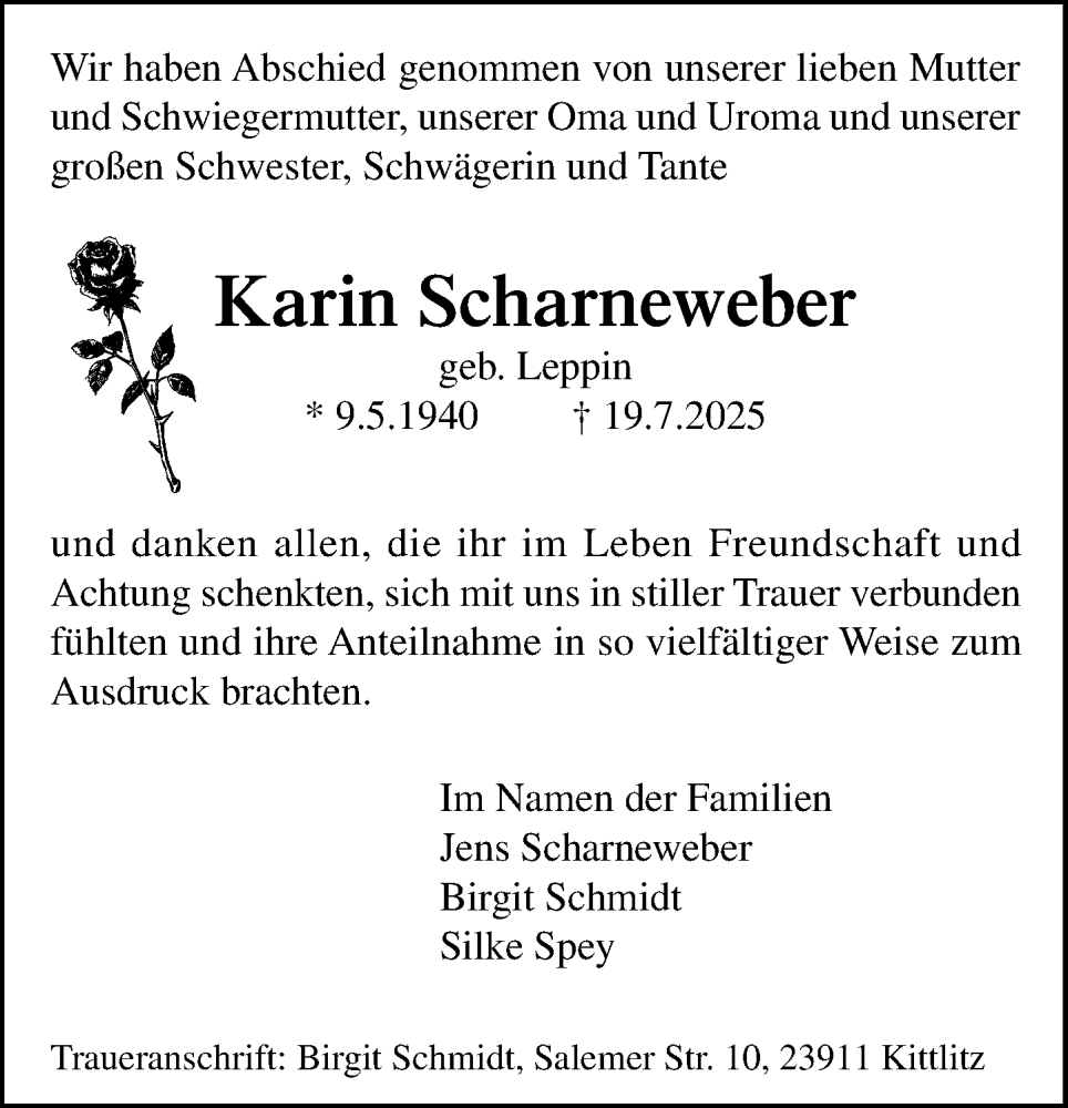  Traueranzeige für Karin Scharneweber vom 02.08.2025 aus MARKT Ratzeburg/Mölln
