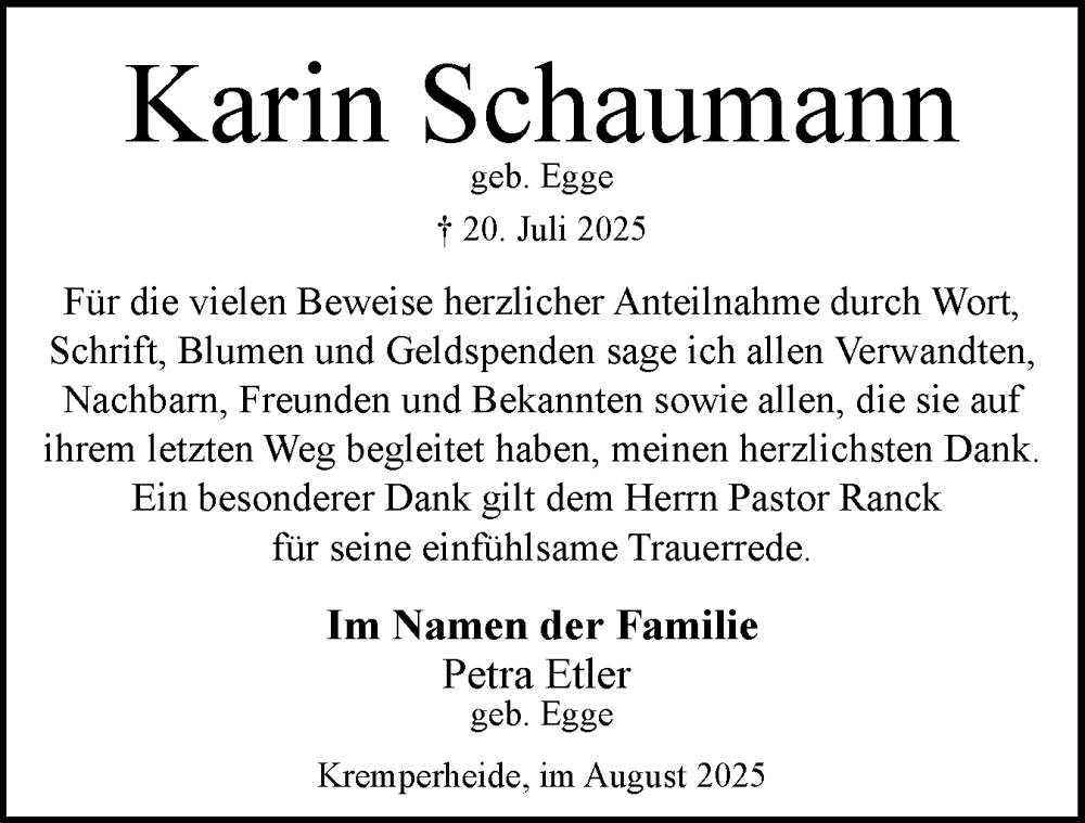  Traueranzeige für Karin Schaumann vom 16.08.2025 aus Norddeutsche Rundschau, Wilstersche Zeitung, Glückstädter Fortuna