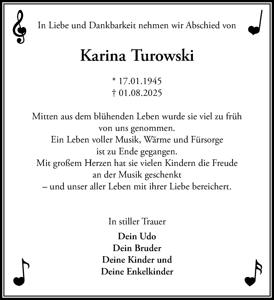  Traueranzeige für Karina Turowski vom 09.08.2025 aus MARKT Ratzeburg/Mölln