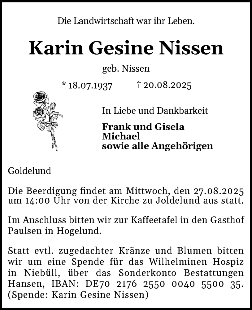  Traueranzeige für Karin Gesine Nissen vom 23.08.2025 aus Region Flensburg