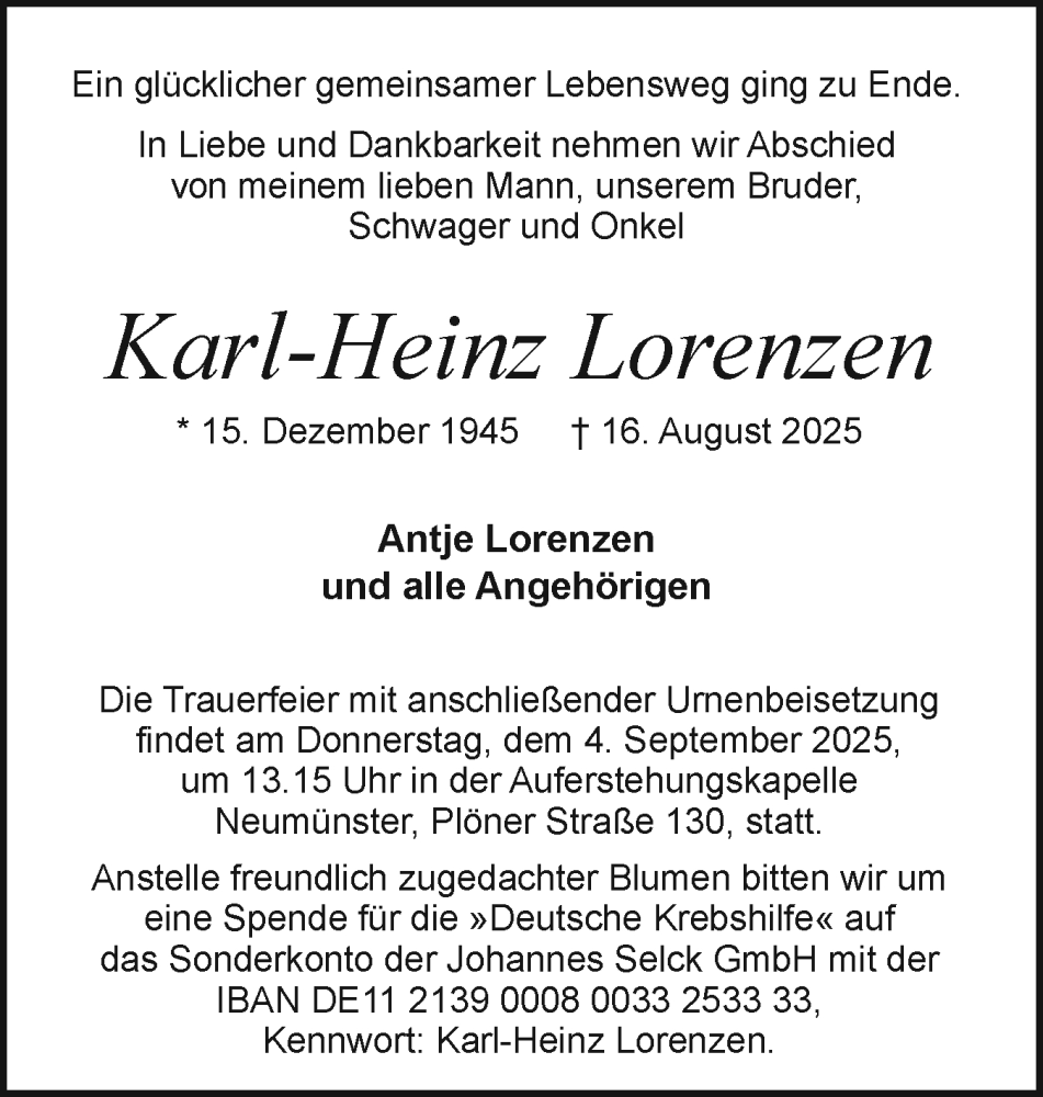  Traueranzeige für Karl-Heinz Lorenzen vom 30.08.2025 aus Holsteinischer Courier