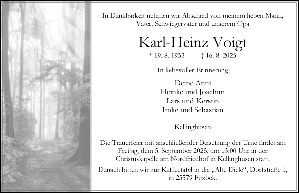 Traueranzeige für Karl-Heinz Voigt vom 23.08.2025 aus Norddeutsche Rundschau, Wilstersche Zeitung, Glückstädter Fortuna