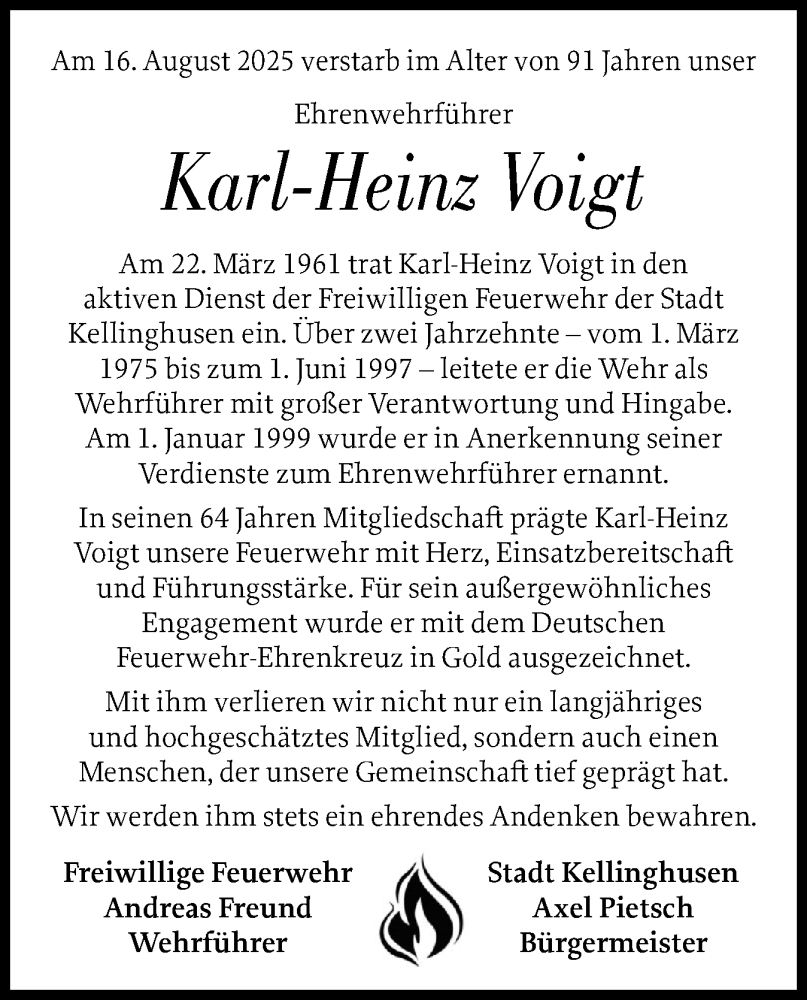  Traueranzeige für Karl-Heinz Voigt vom 28.08.2025 aus Norddeutsche Rundschau, Wilstersche Zeitung, Glückstädter Fortuna