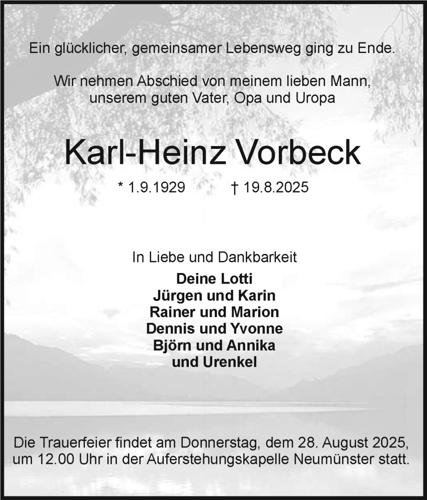  Traueranzeige für Karl-Heinz Vorbeck vom 23.08.2025 aus Holsteinischer Courier