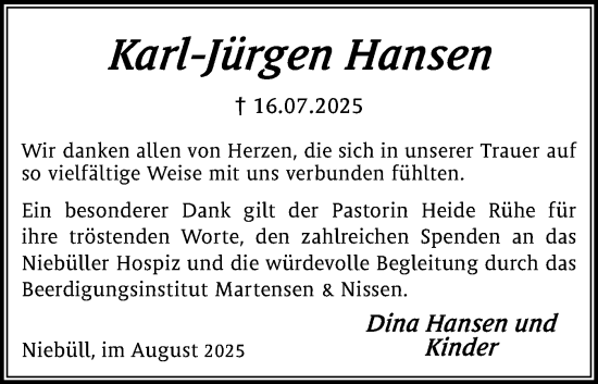 Traueranzeige von Karl-Jürgen Hansen von Region Westküste