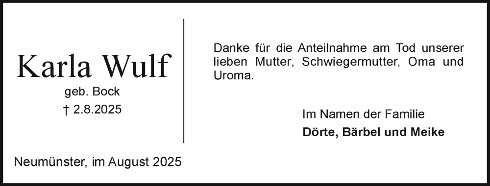  Traueranzeige für Karla Wulf vom 30.08.2025 aus Holsteinischer Courier