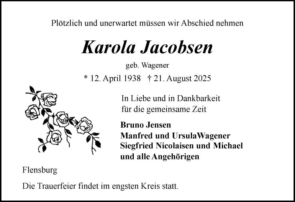  Traueranzeige für Karola Jacobsen vom 30.08.2025 aus Flensburger Tageblatt