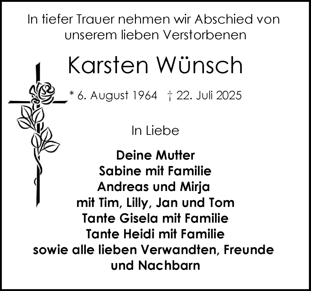  Traueranzeige für Karsten Wünsch vom 23.08.2025 aus Schleswig-Holsteinische Landeszeitung