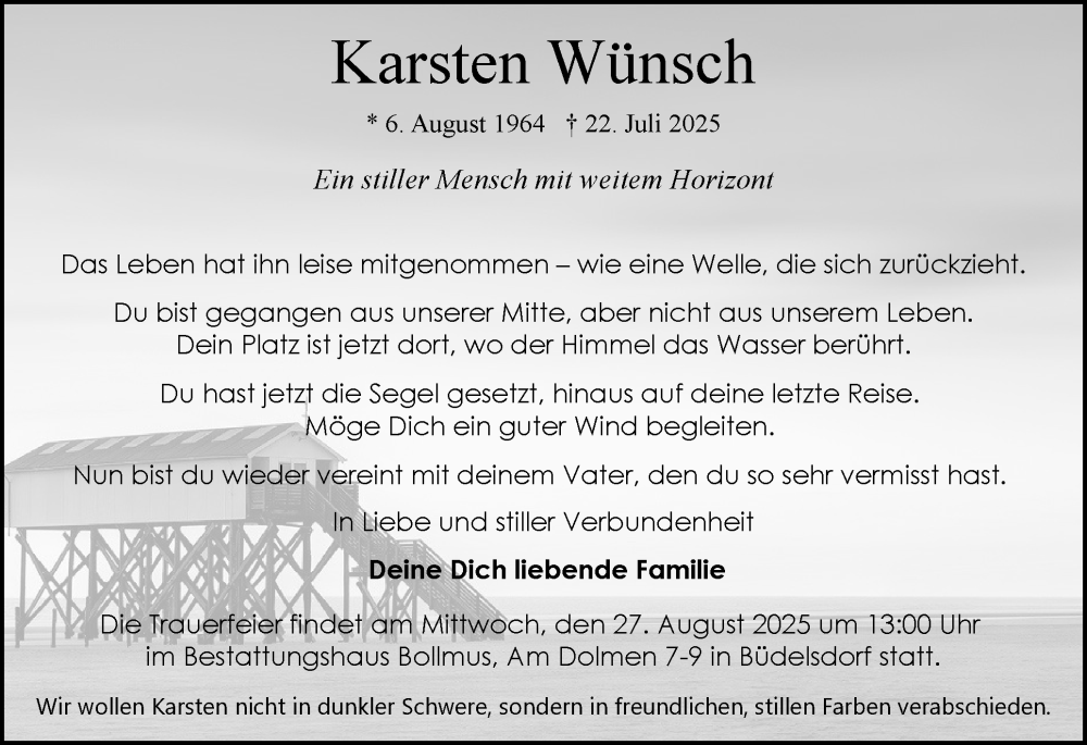  Traueranzeige für Karsten Wünsch vom 23.08.2025 aus Schleswig-Holsteinische Landeszeitung