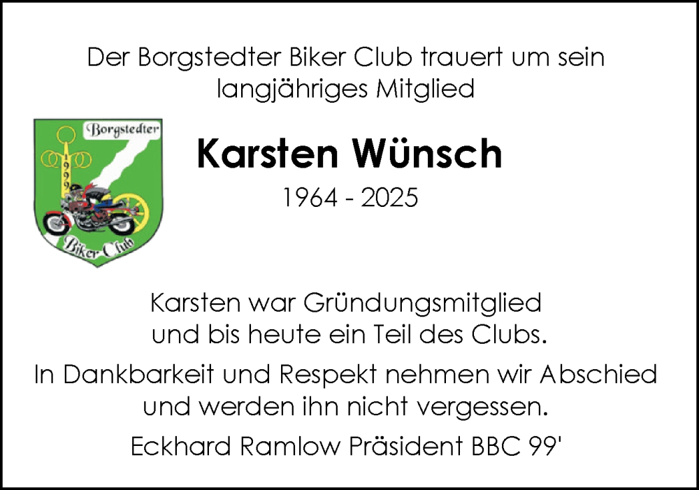  Traueranzeige für Karsten Wünsch vom 23.08.2025 aus Schleswig-Holsteinische Landeszeitung